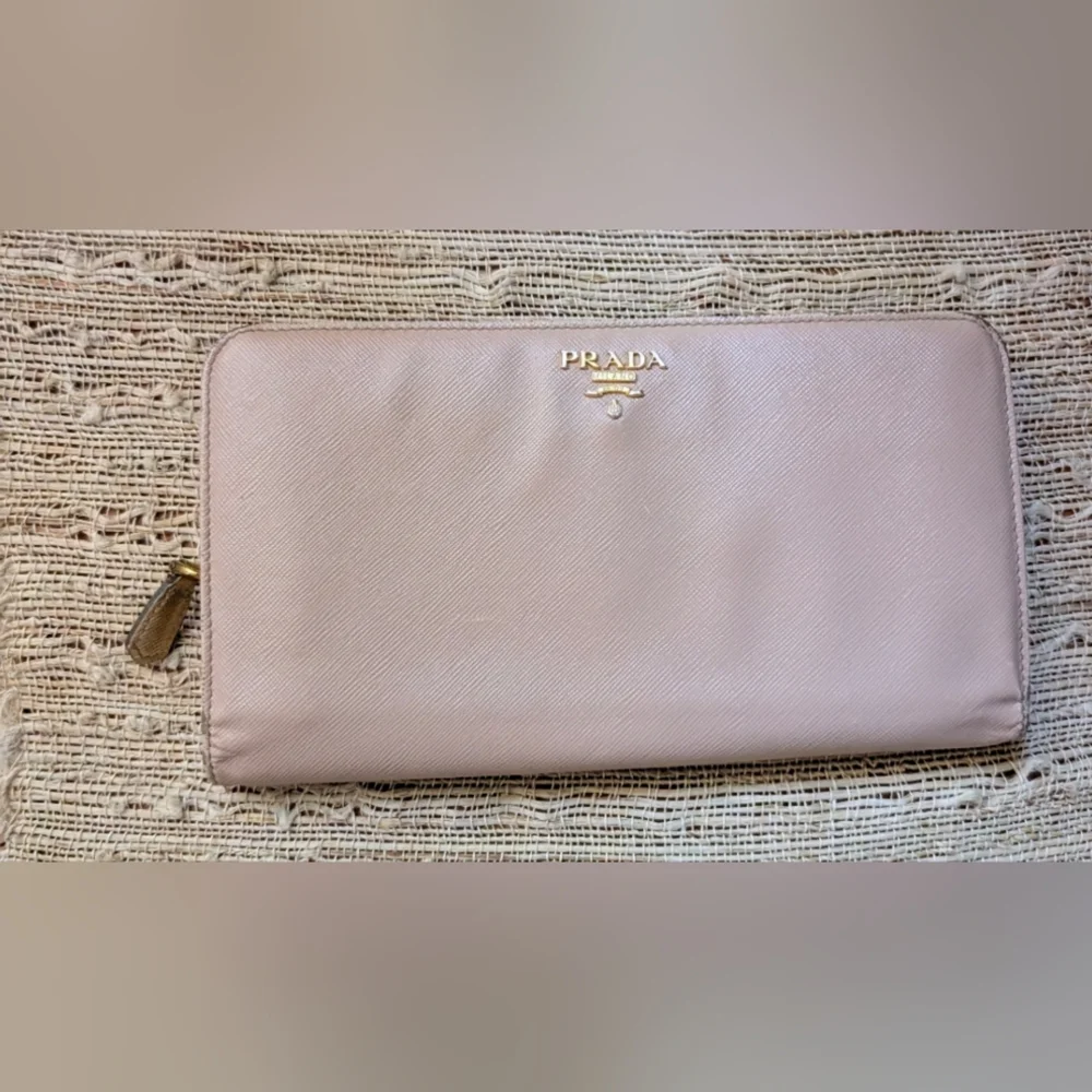 Prada • Saffiano Leather Bi-fold Zip Organizer Wallet in Taupe w/ Gold Interior